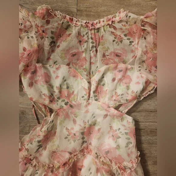 Floral Pink Sheer Ruffle Midi Dress - Picture 4 of 6